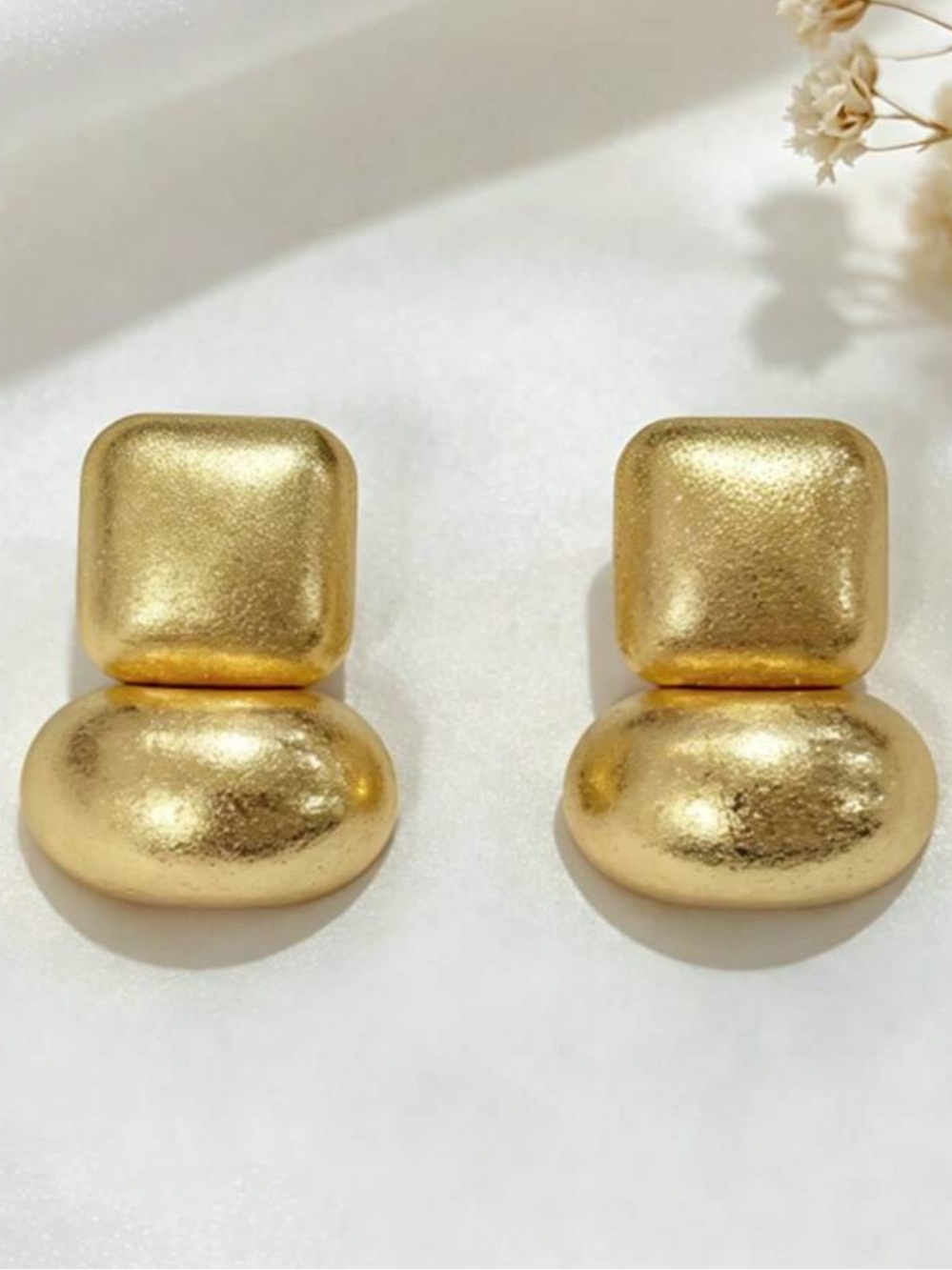 Trendy Gold Matte Double-Shape Drop Stud Earrings NEW